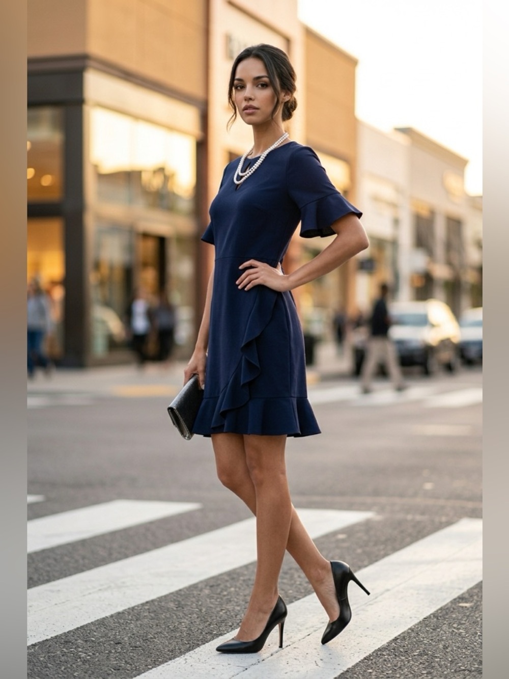 KARL LAGERFELD PARIS NAVY BLUE FLOUNCE HEM BUSINESS CASUAL SHEATH DRESS SZ 14